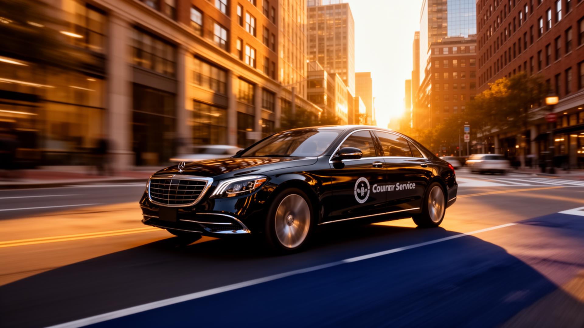 Luxury sedan moving through Boston at golden hour